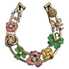Antique Victorian Enamel Pansy Clover Flower OMC Diamond Pendant Necklace Horseshoe Gold