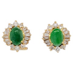 Estate Green Jade and Diamond Earring Studs in 18k Yellow Gold