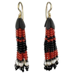 Onyx Coral Pearl Ebony Gold Drop Earrings