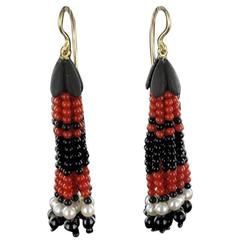 Unique Onyx Coral Pearl Ebony Gold Drop Earrings 1