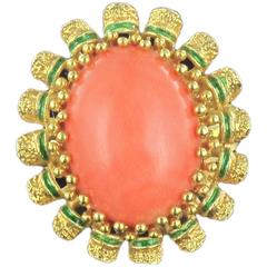 1960s French Coral Green Enamel Gold Ring 11