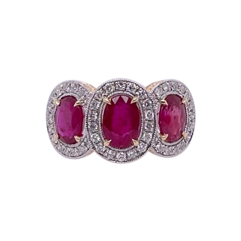 18ct Yellow Gold Oval Shaped Trilogy Ruby and Diamond Ring For Sale at ...