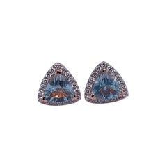 Pair of 14ct Rose Gold Trilliant Cut Aquamarines and Diamonds Stud Earrings