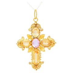 Antique 16.80 Carat Topaz and 20K Yellow Gold Cross Pendant, circa 1830