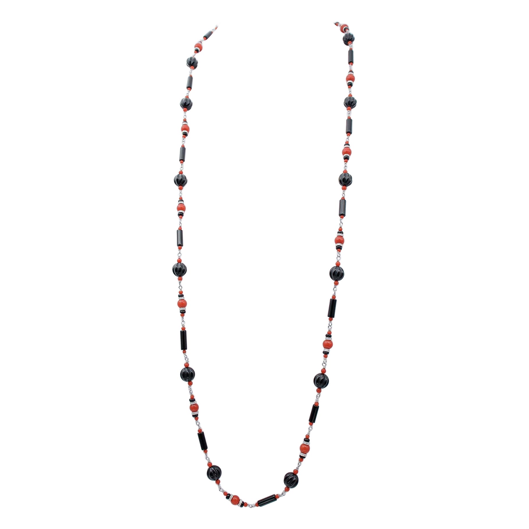 Coral, Onyx, Diamonds, 9 Karat White Gold Multi-Strands Necklace