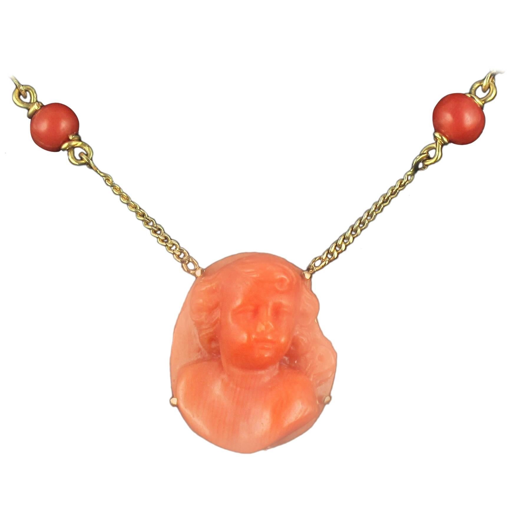 19th Century Coral Cameo and Bead Pendant Necklace 