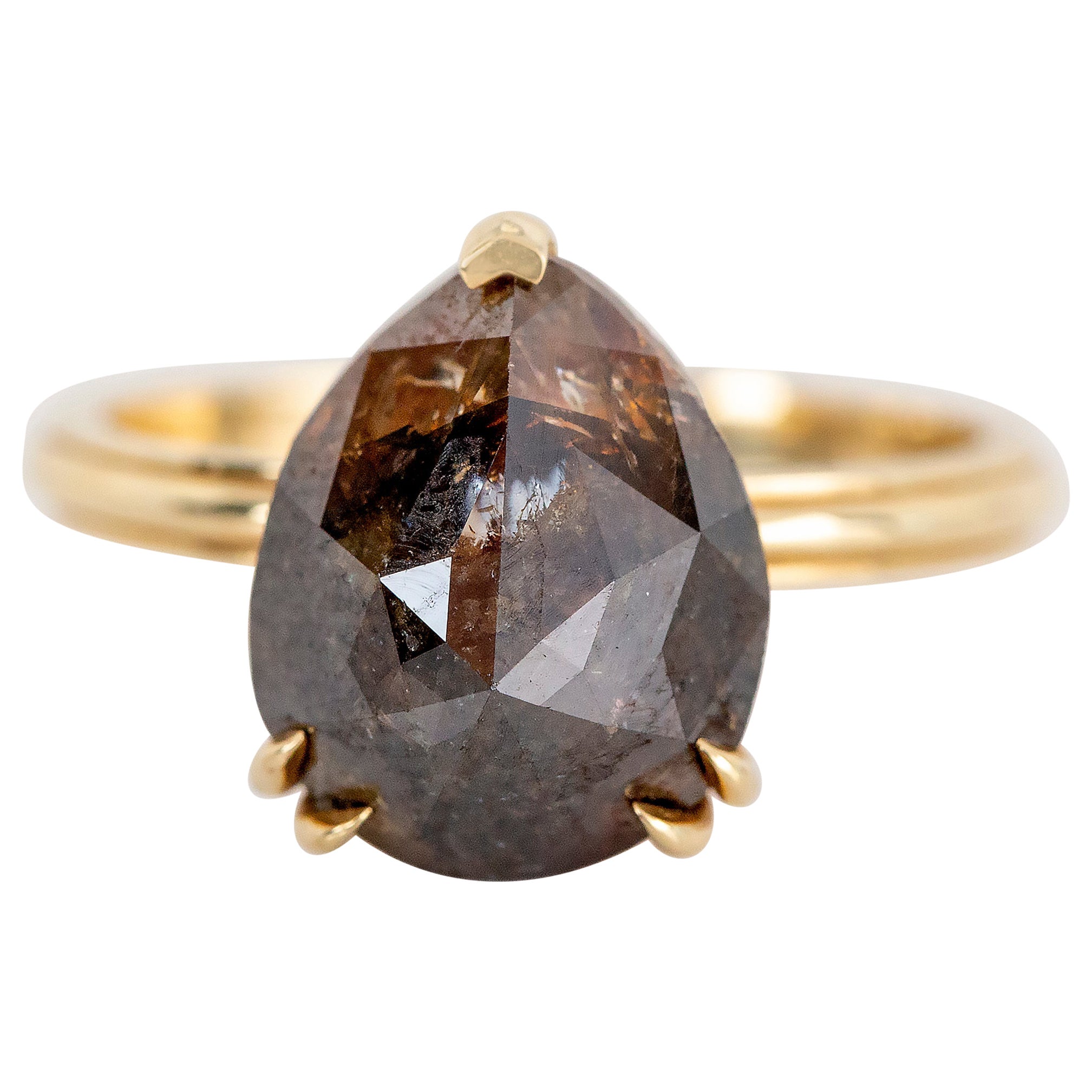 For Sale:  4.57 Ct Pear Cabuchon Cut Salt and Pepper Diamond 14K Gold Ring