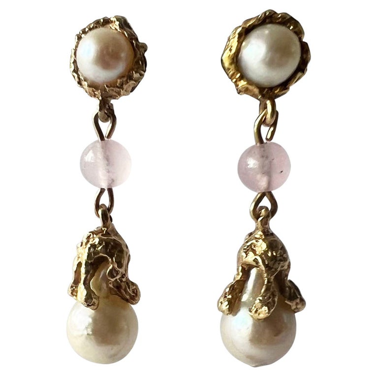 18K yellow gold, mabe pearl with pink jade dangling earrings created by New York jeweler Arthur King.  Earrings are of the pierced variety and are jointed creating movement in each.  They measure 1 5/8