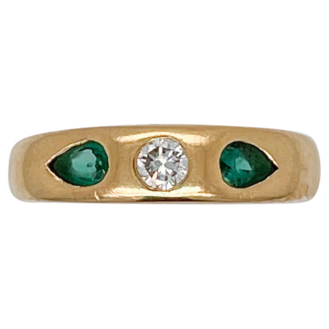 Signed German Modernist 18 Karat Gold, Emerald & Diamond 3-Stone Gypsy Ring