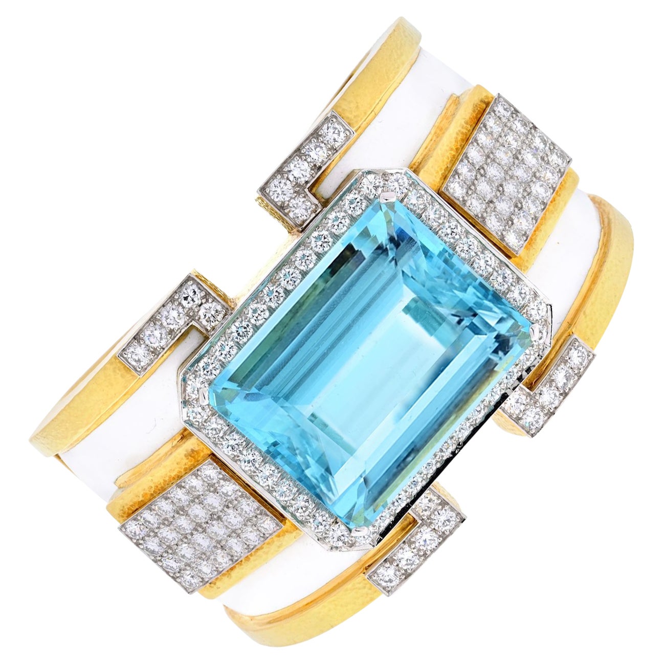 David Webb Platinum & Gold White Enamel Aquamarine Diamond Bracelet