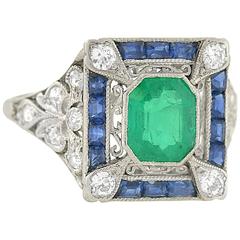 Sapphire Emerald Diamond Platinum Filigree Ring