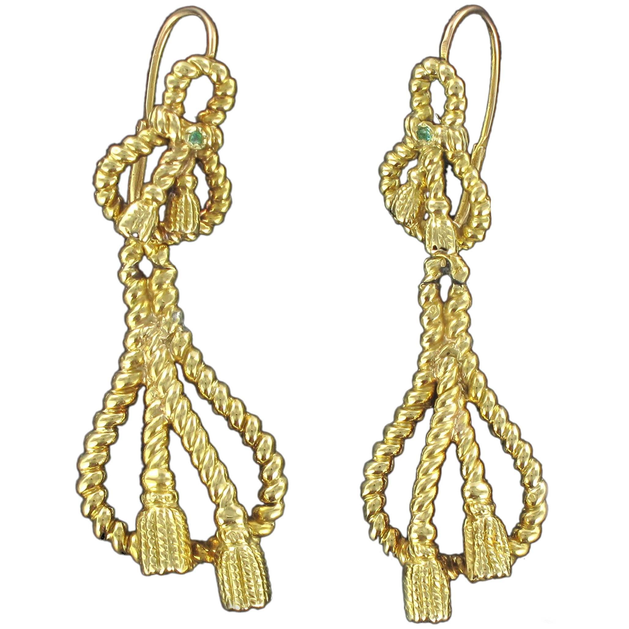 French 19th Century Emerald 18 carats Yellow Gold Drop Dangle Earrings