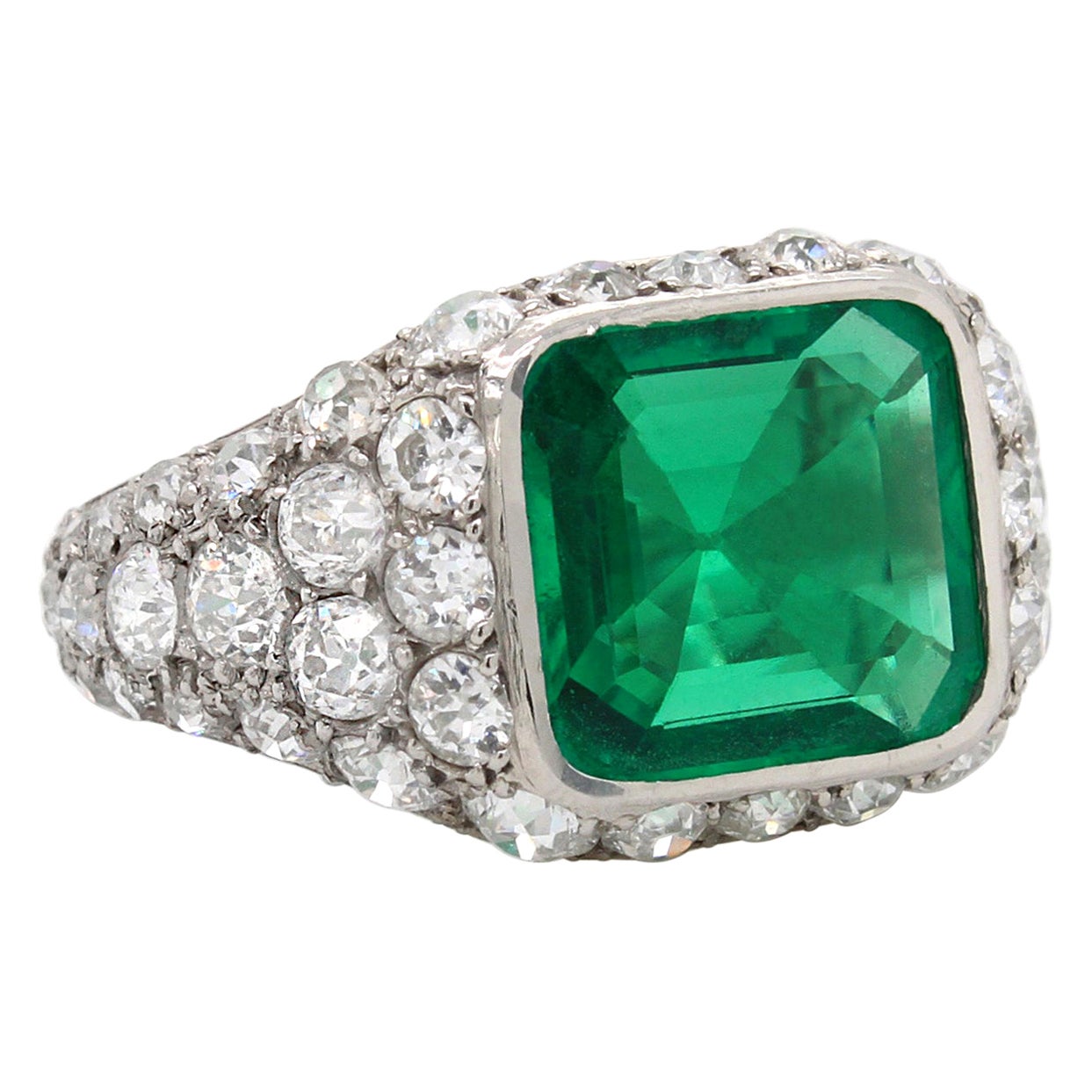 Fine Art Deco No-Oil Colombian Emerald and Diamond Ring, ca. 1920 For Sale