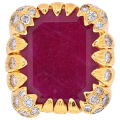 David Webb 18K Yellow Gold 1960's Rectangular Ruby Diamond Vintage Ring
