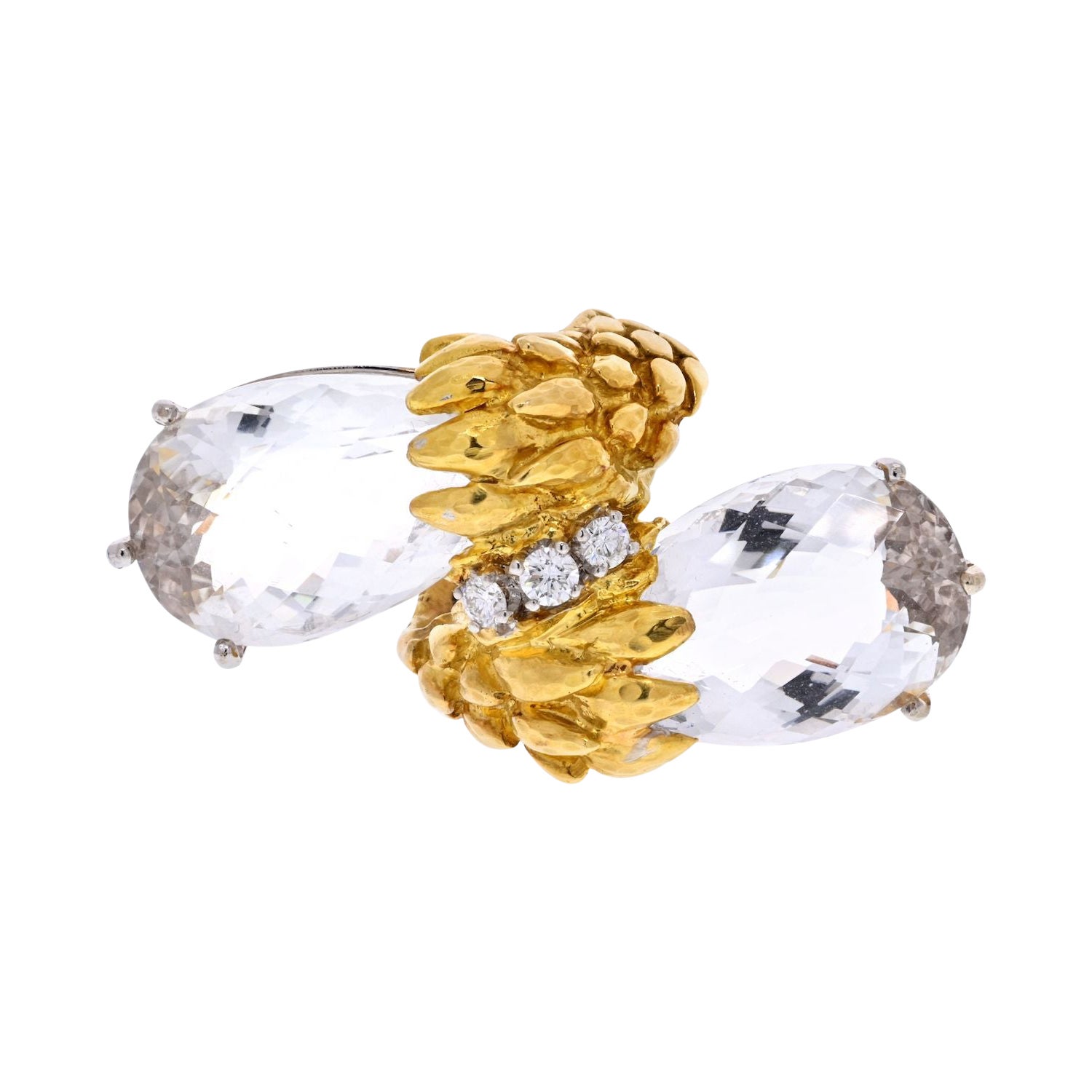 David Webb Platinum & 18K Yellow Gold Rock Crystal ByPass Ring For Sale