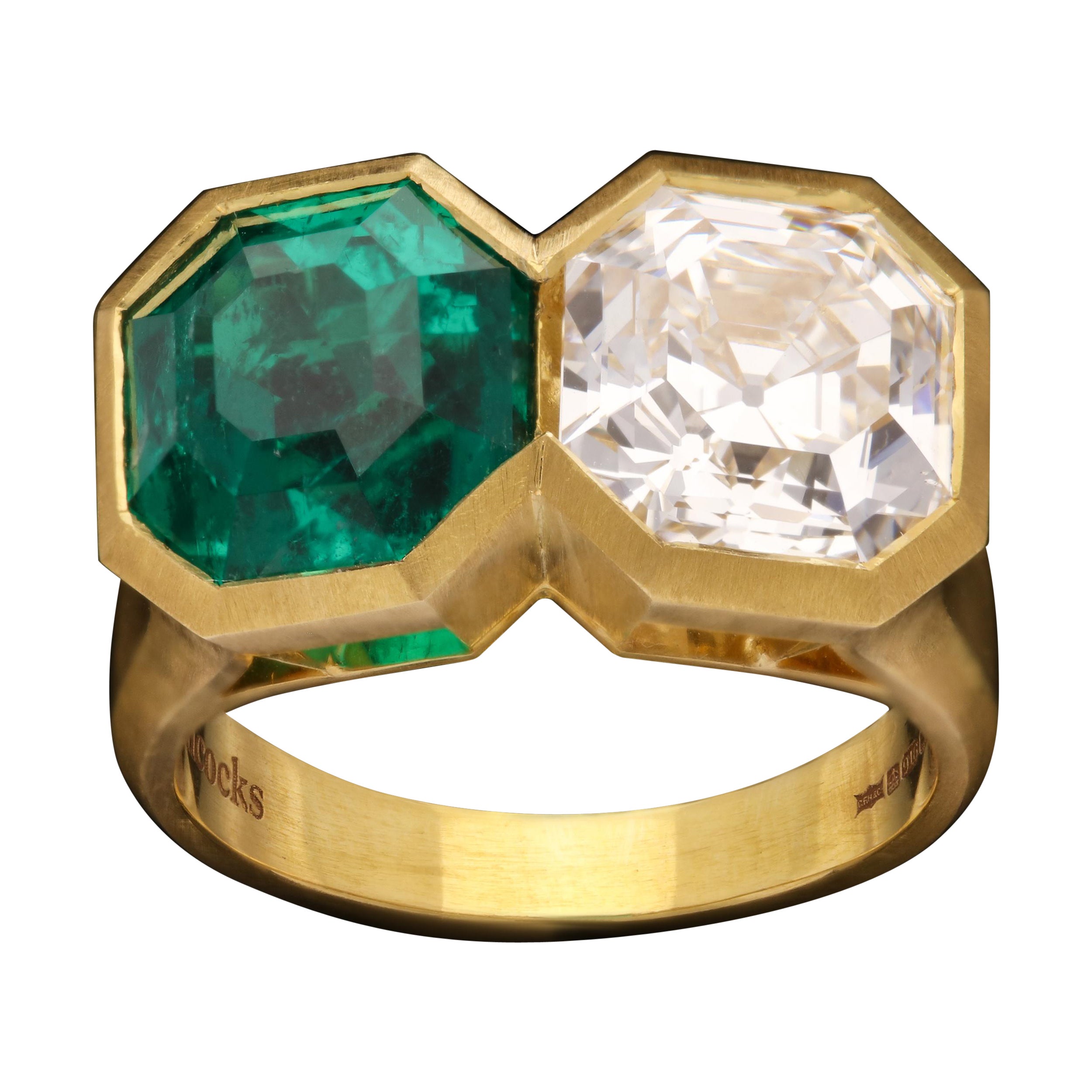 3.70ct Asscher Cut Diamond and 4.08ct Colombian Emerald Two Stone Ring 22ct Gold For Sale