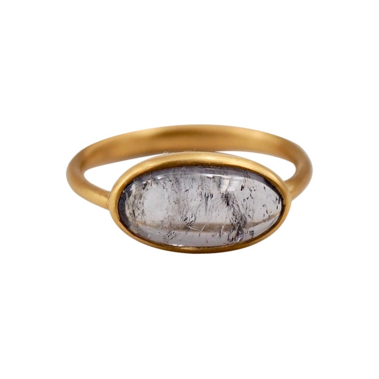 3.76 Carat Grey Tourmaline Oval Cabochon 22 Karat Gold Handmade Cluster Ring For Sale