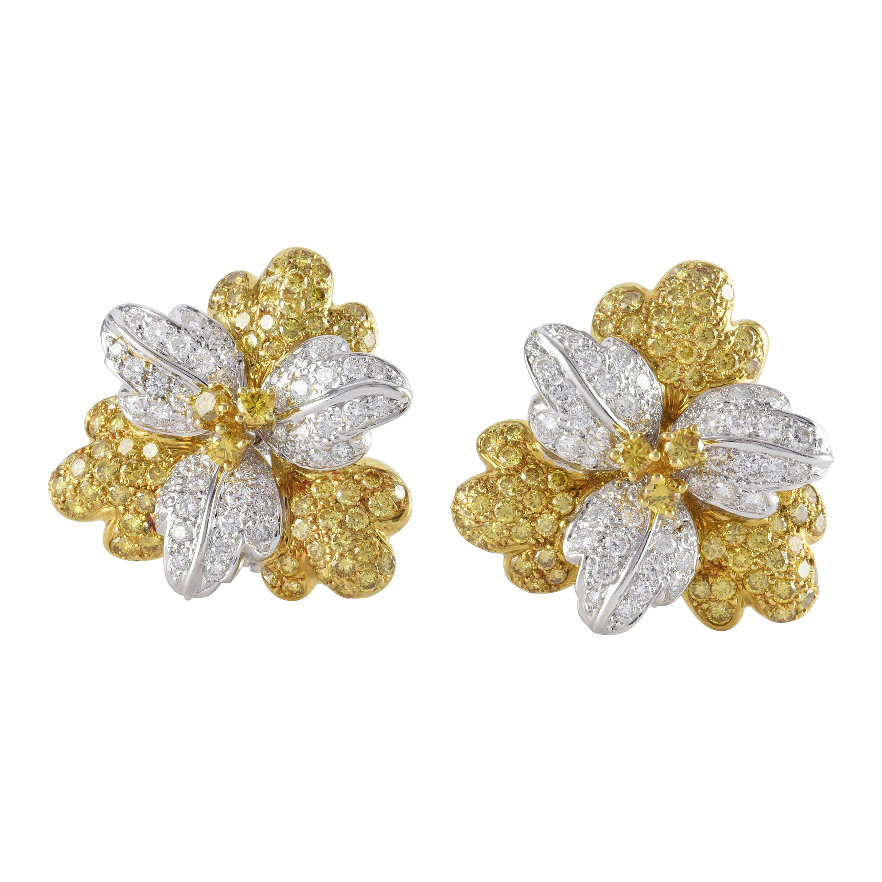 Fancy Yellow and White Diamond Flower Ear Clips 