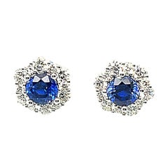 Round Blue Sapphire and Diamond Halo 18k White Gold Stud Post Earrings