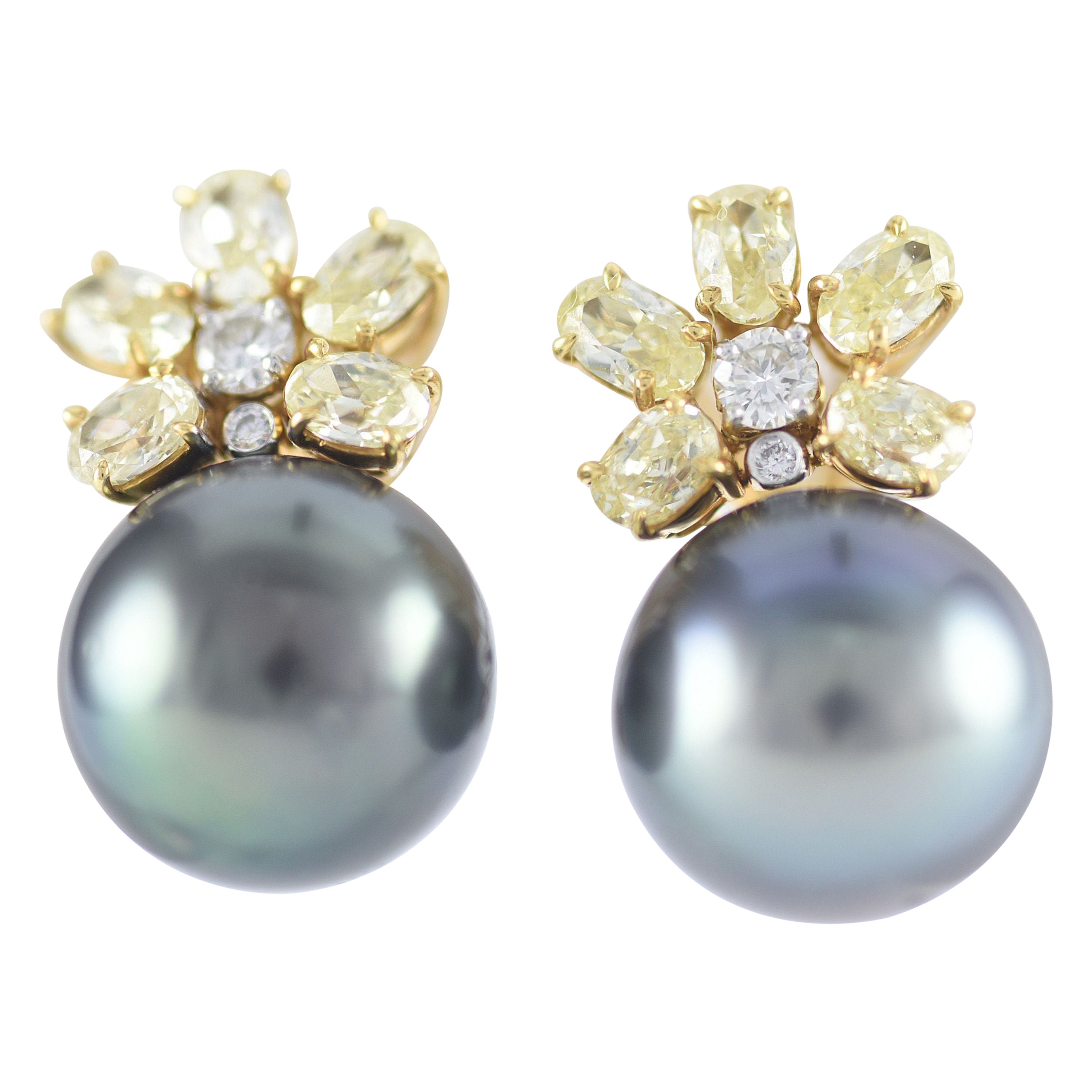Fancy Yellow and White Diamond Flower and Black Pearl Earrings For Sale