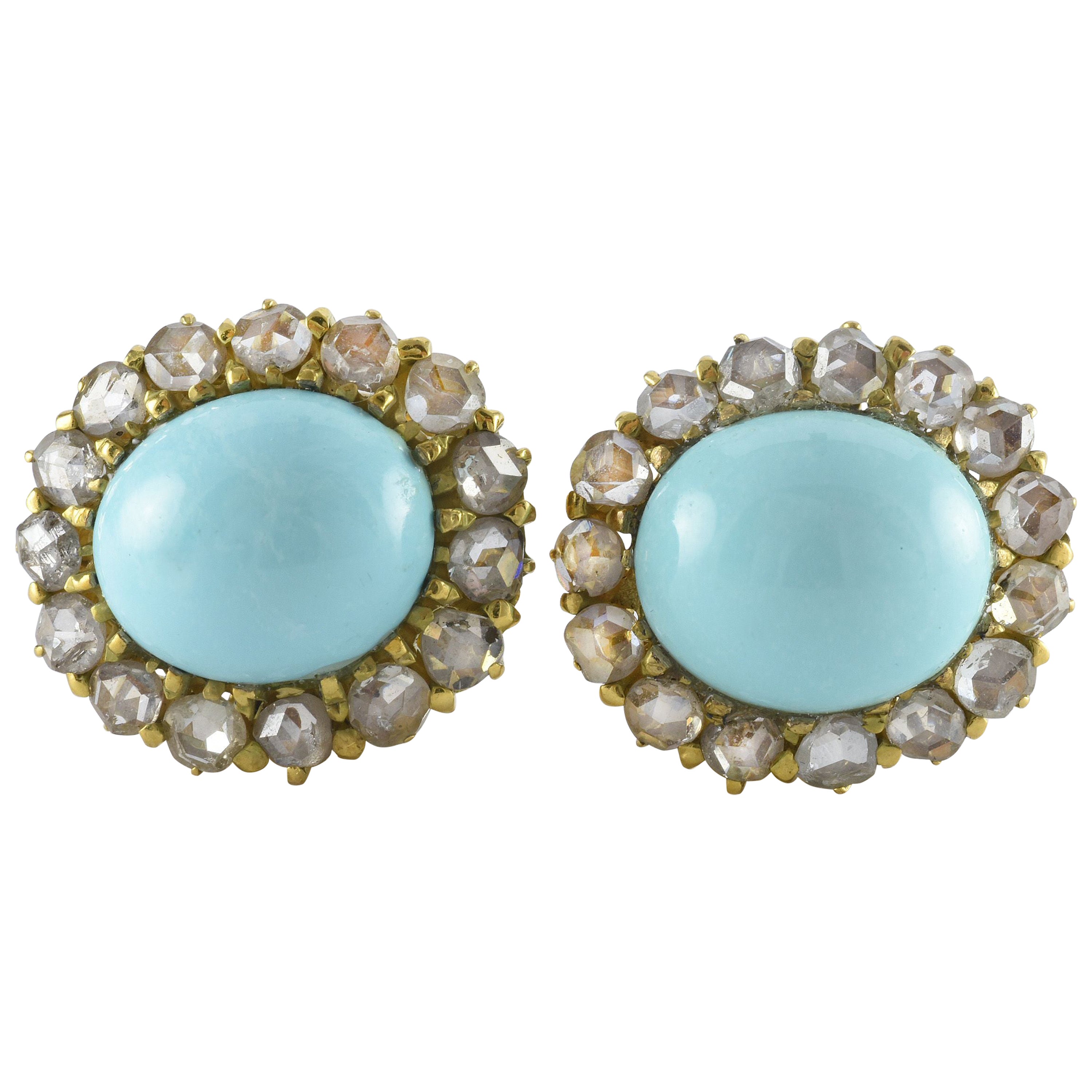 Victorian Persian Turquoise Cabochon and Diamond Halo Studs  For Sale