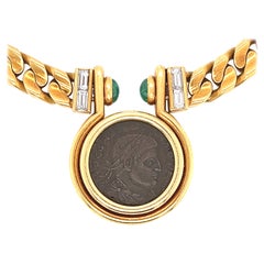 Bvlgari Ancient Roman Coin Diamond & Emerald Gold Link Necklace