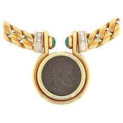 Vintage Bvlgari Ancient Roman Coin Diamond & Emerald Gold Link Necklace