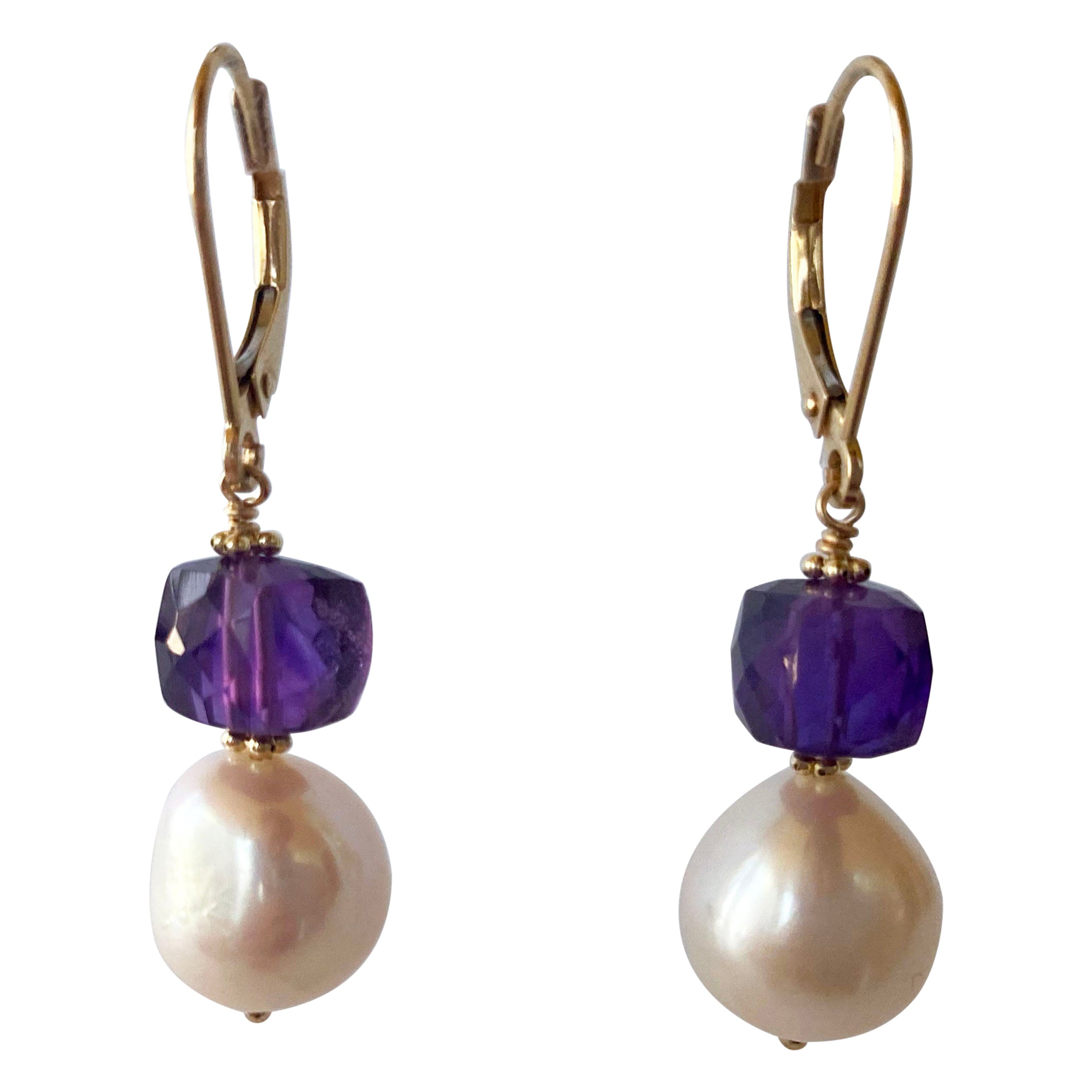 Marian J. Pearl, Amethyst and 14k Yellow Gold Lever Back Earrings