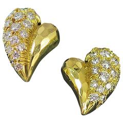Henry Dunay Diamond Hand Hammered Gold Heart Shape Earrings