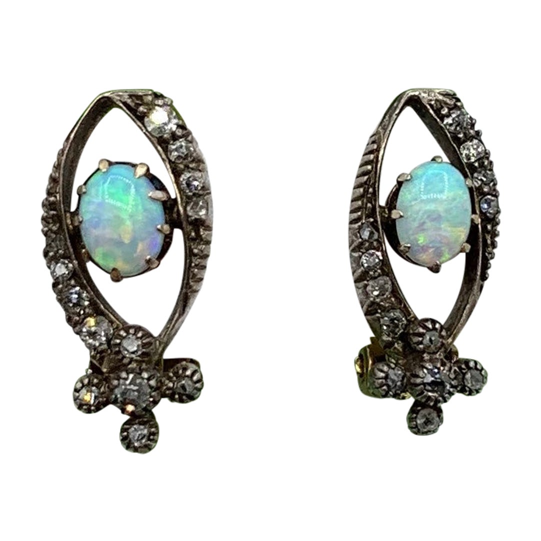 Art Deco Opal Rose Cut Diamond Earrings 14 Karat Gold Antique For Sale