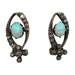 Art Deco Opal Rose Cut Diamond Earrings 14 Karat Gold Antique