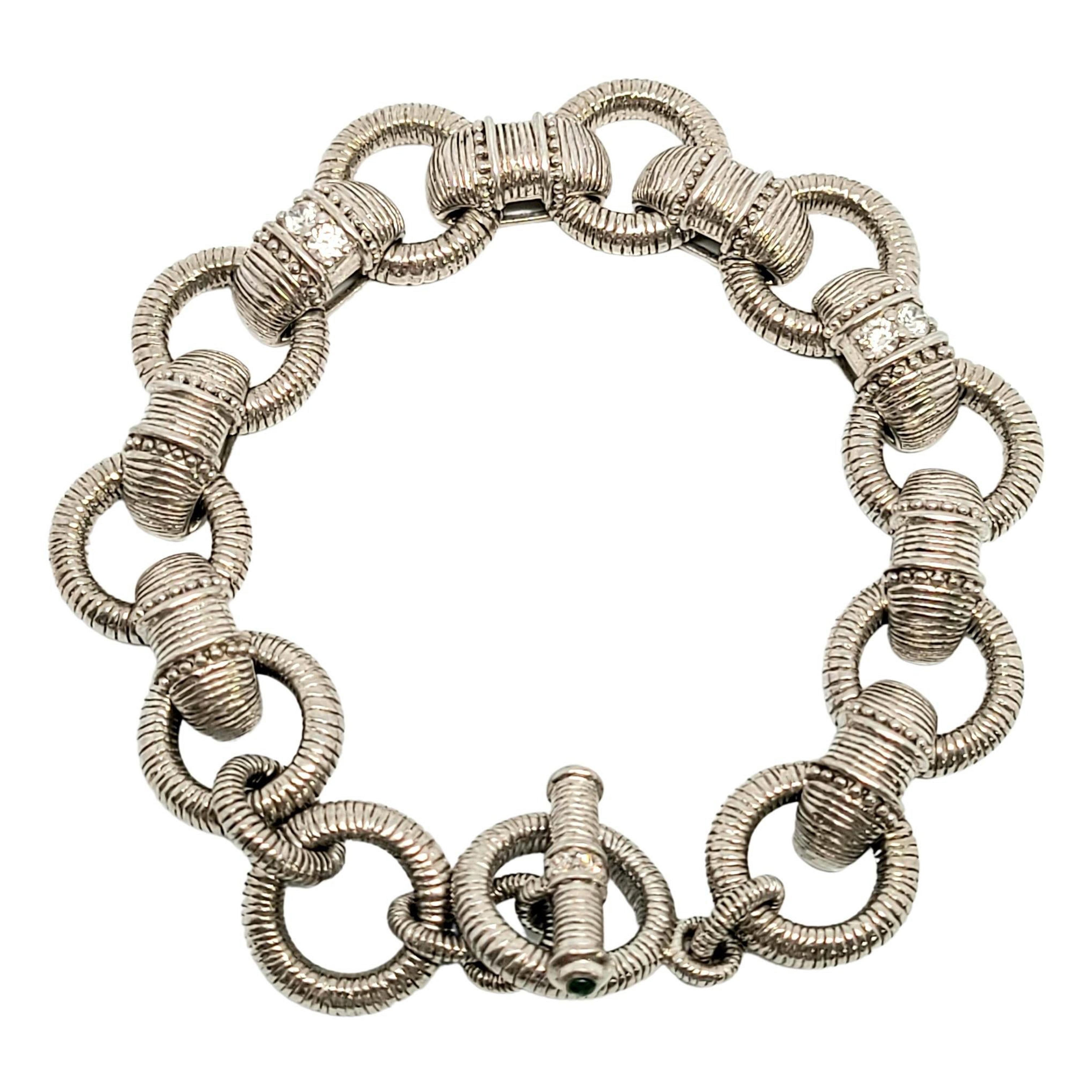 Judith Ripka Sterling Silver Textured Link CZ Diamonique Toggle Bracelet