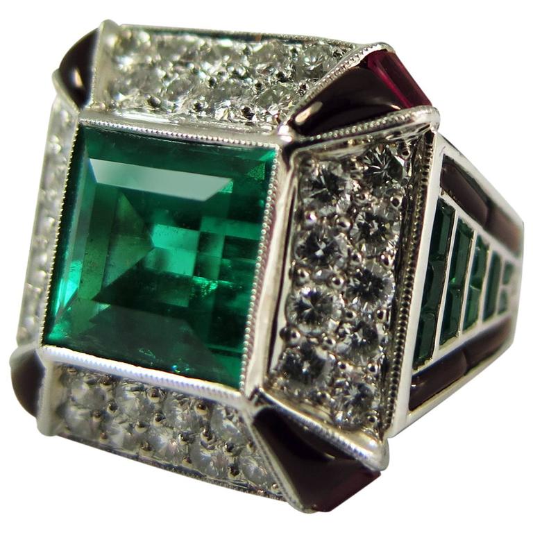 Stunning Colombian Emerald Ruby Diamond Onyx Platinum Ring For Sale at ...