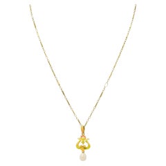 Art Nouveau Enamel Pearl 14 Karat Gold Pendant Necklace