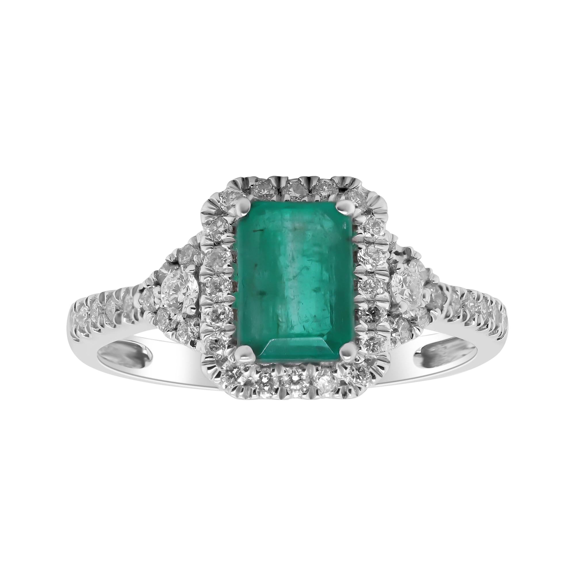 Classic Emerald-Cut Emerald and Round Cut White Diamond 14K White Gold Ring