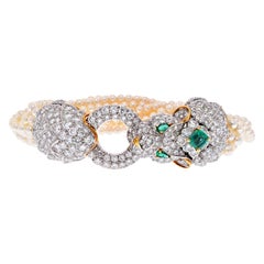 David Webb Elizabeth Taylor Pearl, Diamond, Emerald Multi Strand Lion Bracelet