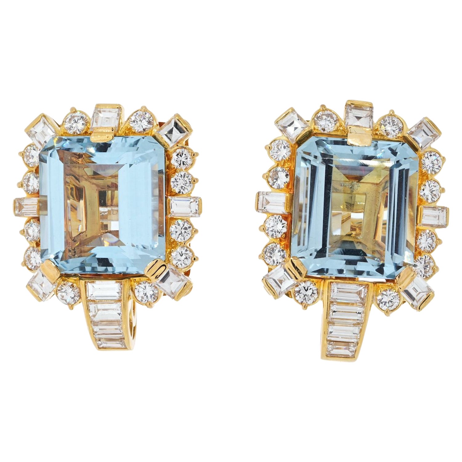 David Webb 18K Yellow Gold Diamond & Aquamarine Square Shaped Earrings For Sale