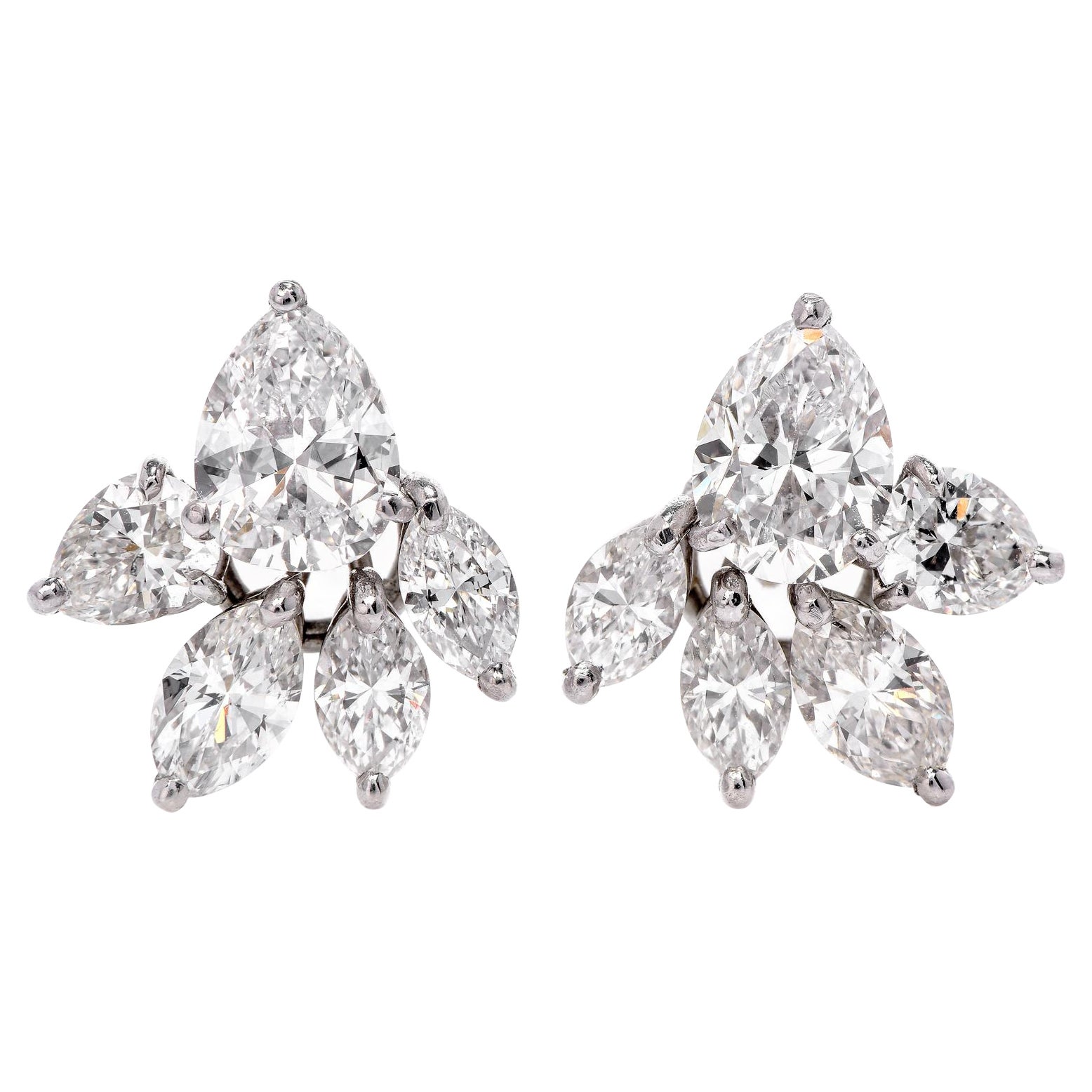 Exceptional D Color 3.82cts Pear Diamond Cluster Platinum Stud Earrings