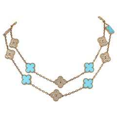 Van Cleef & Arpels Antique Alhambra Diamond / Turquoise 20 Motif Necklace Ltd