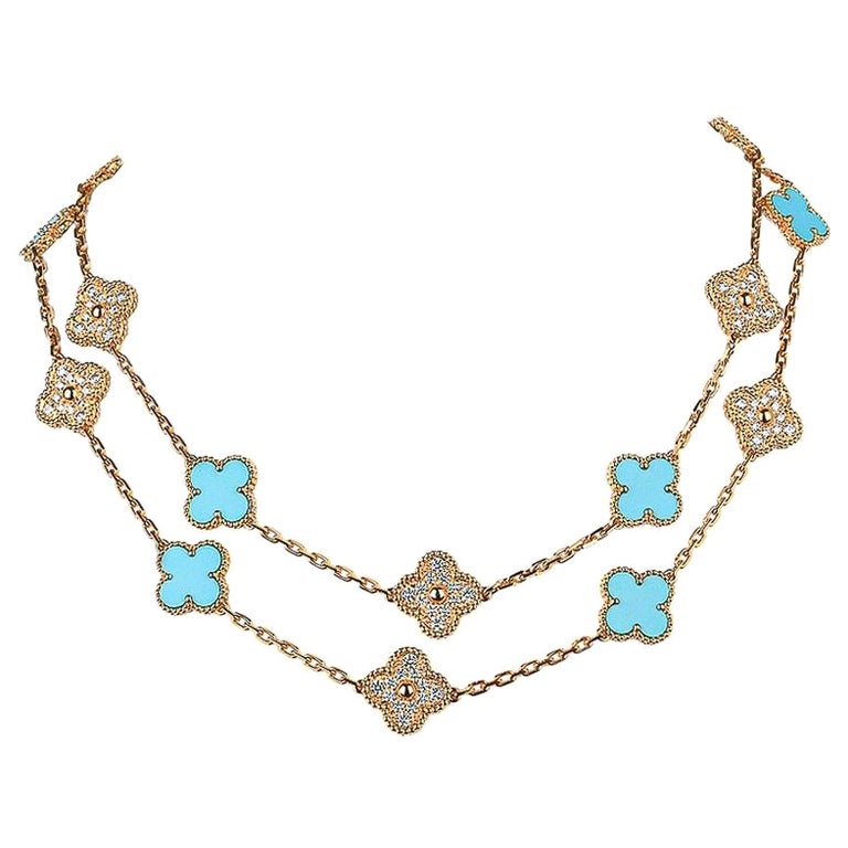 Van Cleef & Arpels Vintage Alhambra Diamond / Turquoise 20 Motif Necklace Ltd For Sale