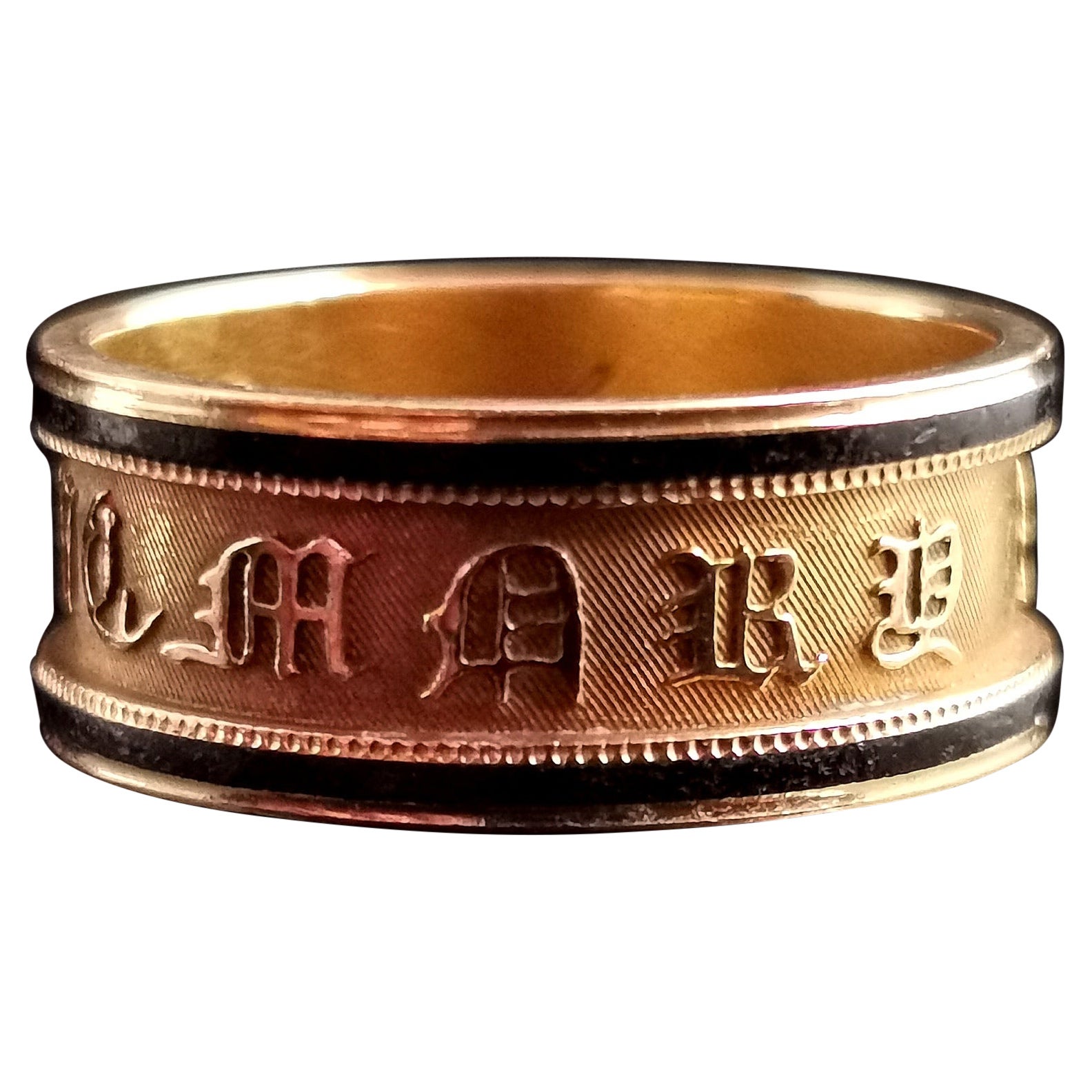 Antique Georgian Mourning Band Ring, 18k Gold, Black Enamel, in Memory of