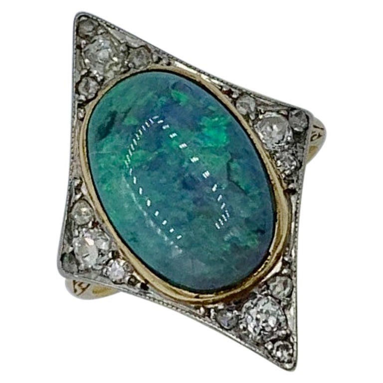 Art Deco Opal Old Mine Cut Diamond Ring Platinum Antique Wedding Engagement Ring
