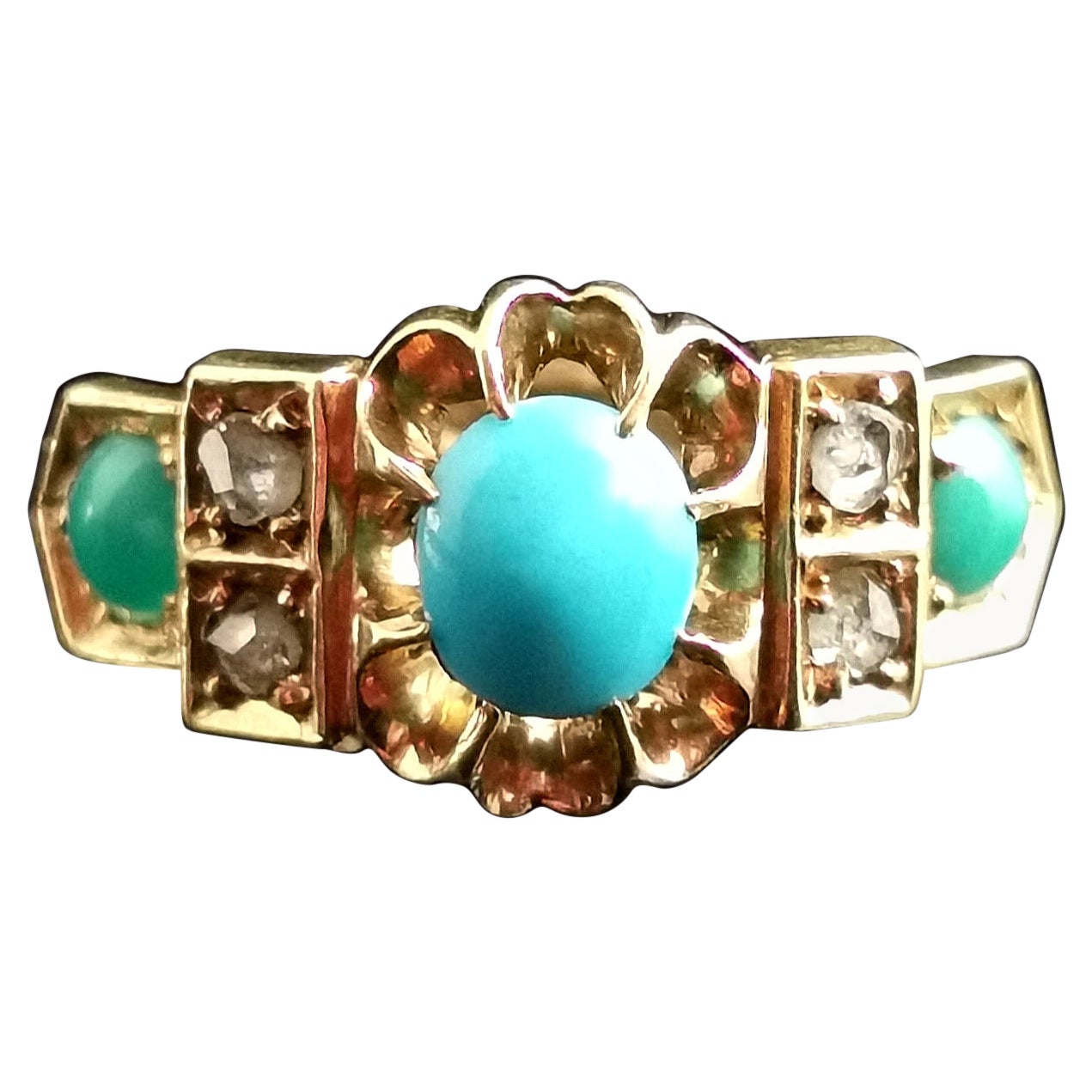 Antique Turquoise and Diamond Ring, 18k Yellow Gold, 1910s  For Sale