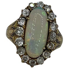 Art Deco 2 Carat Opal Old Mine Diamond Ring 18K Antique Wedding Engagement Ring