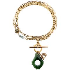 Green Jade Tourmaline Gold-Filled Multilayered Fob Chain Necklace