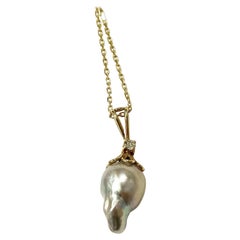 1960's 18k Yellow Gold Baroque South Sea Pearl Diamond Pendant