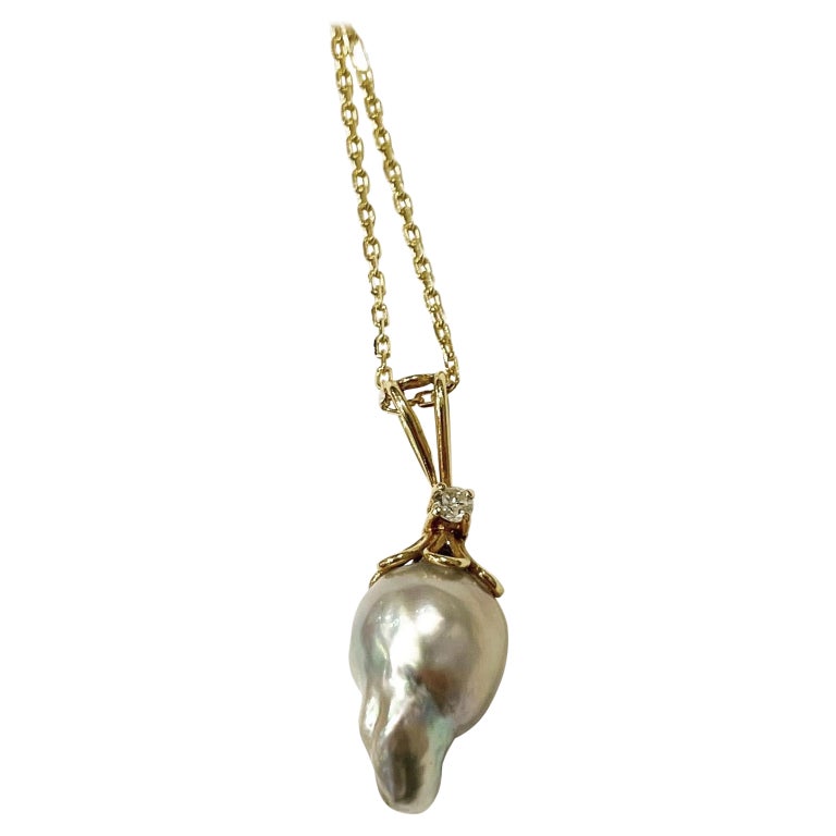 1960's 18k Yellow Gold Baroque South Sea Pearl Diamond Pendant at 1stDibs