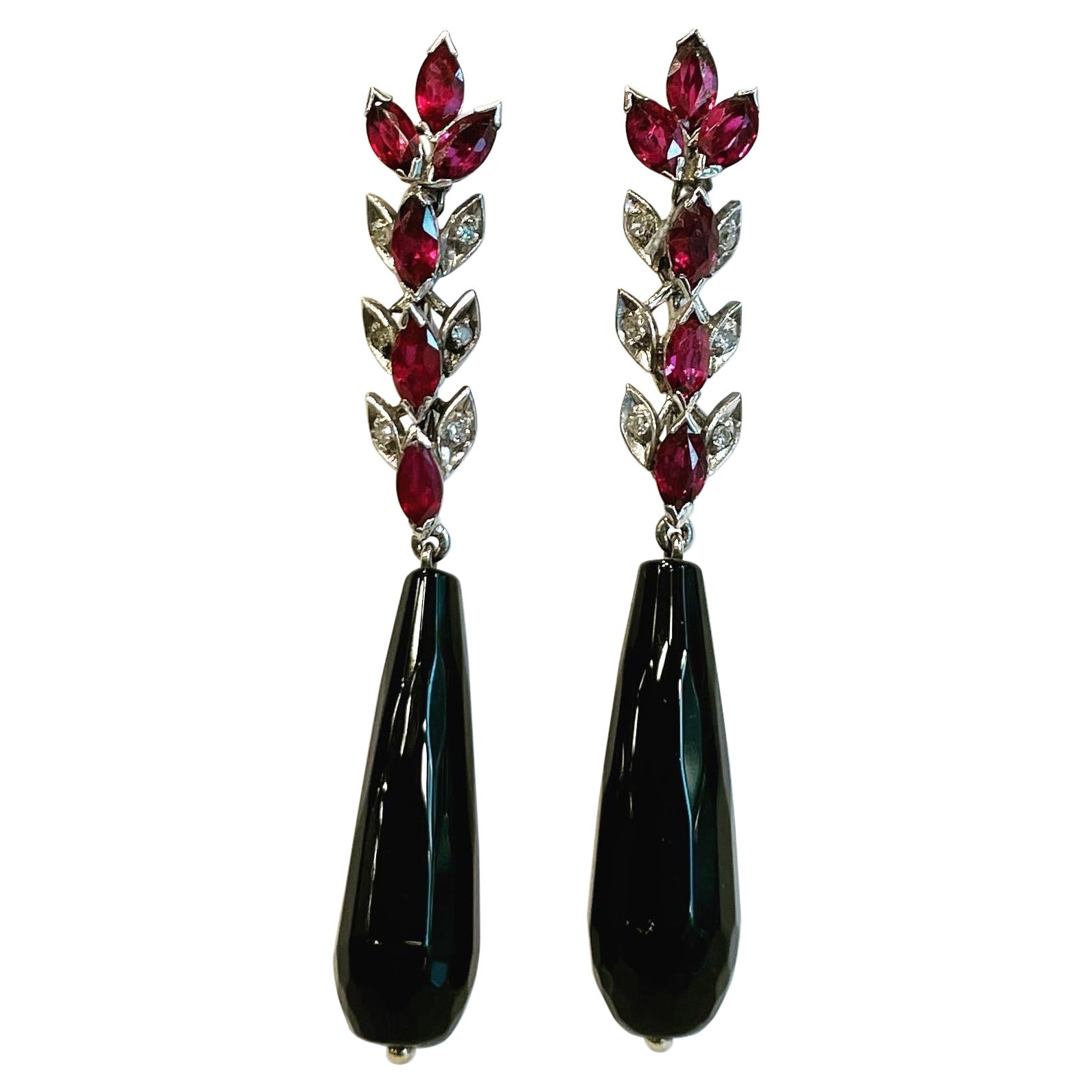 1960s Diamonds Ruby Onyx 18k White Gold Stud Tear Drop Long Earrings