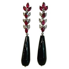 Lange Ohrstecker, Diamanten, Rubin, Onyx, 18k Weißgold, Tropfen