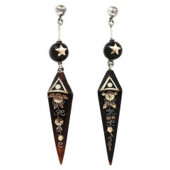 Victorian Yellow Gold and Silver Pique Drop Earrings, Circa 1870